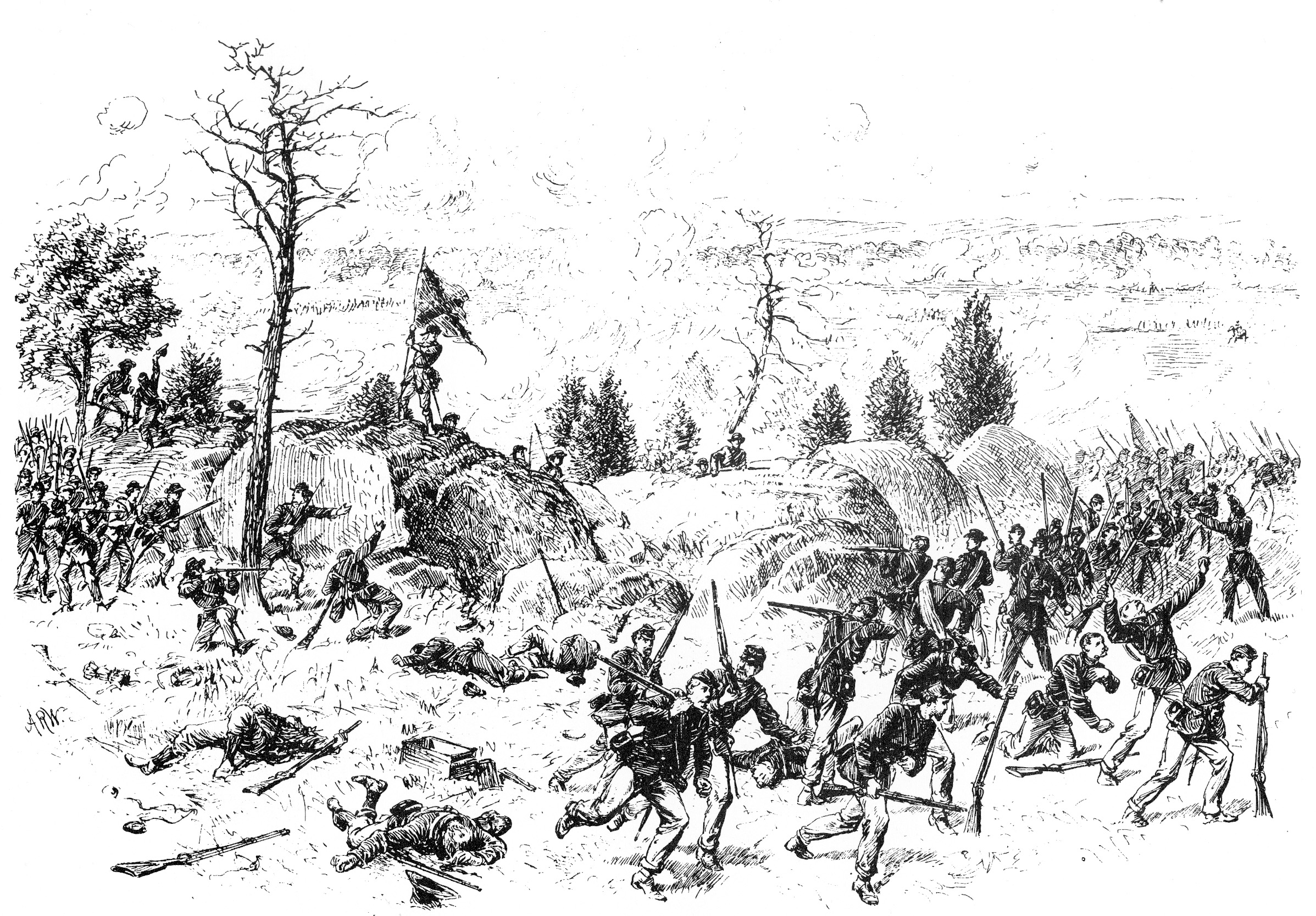 Alfred Waud sketched the scene of Benning and Robertson’s men pressing on Ward’s defenders along Houck’s Ridge. 