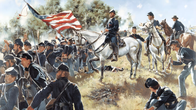 Colonel Augustus Van Horne Ellis commands his 124th New York as the fighting grows desperate. Later he would lead a charge that would stifle the Confederate advance, but at the cost of his own life.