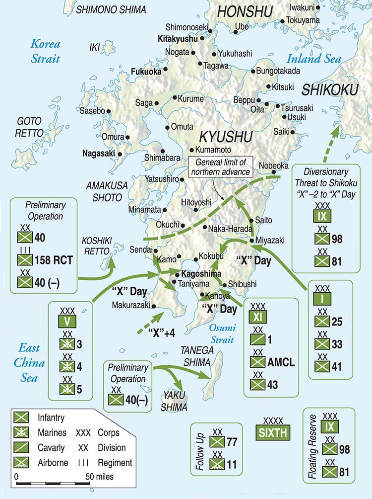 The primary American landings on the Japanese Home Island of Kyushu were scheduled to take place in the south. Although strong resistance was expected, recently declassified information indicates that the Japanese were not as well prepared as originally believed.