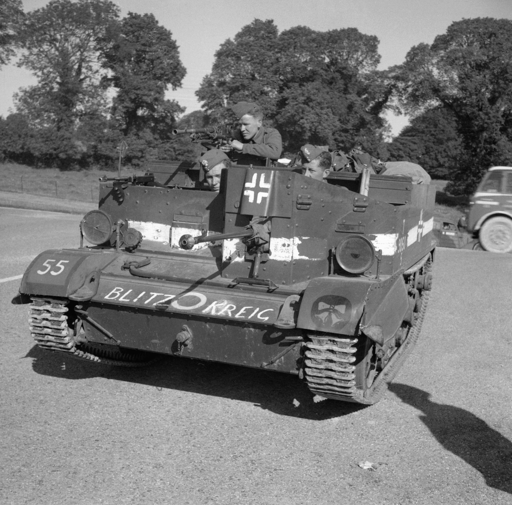 As the British engaged in an exercise in southern England in preparation for a potential German invasion in June 1941, this universal carrier, armed with a Boys antitank rifle, has been painted to represent a German armored vehicle. 