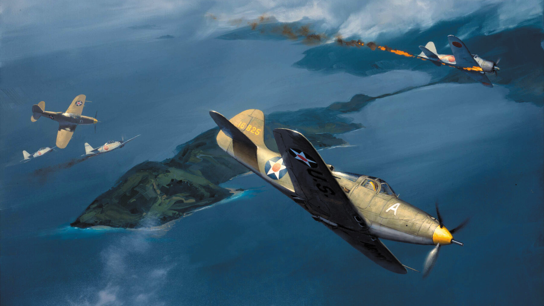 In this painting by Jack Fellows, P-39s flown by Major George Greene, Jr., (foreground) and “Buzz” Wagner take on Japanese Zeros over the Salamaua Peninsula.