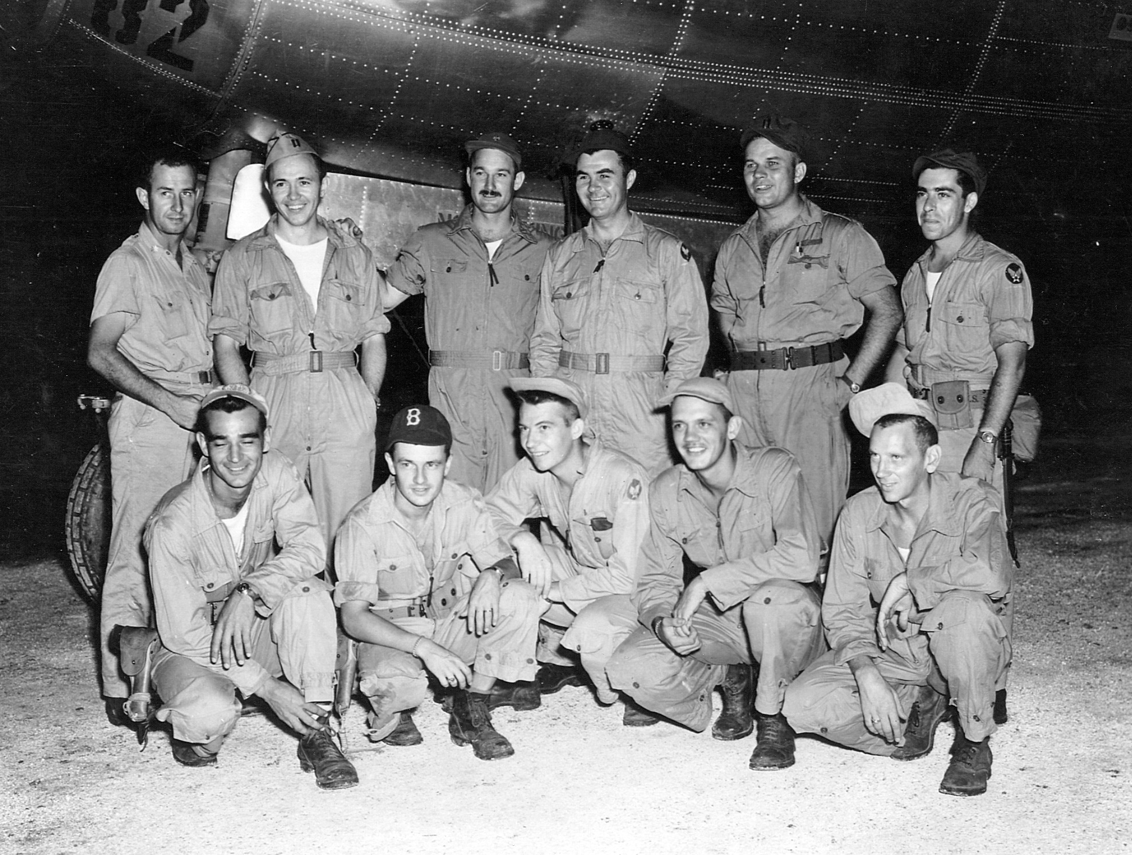 The crew of the Enola Gay (top row left to right): Lt. Col. John Porter, Captain Theodore J. Van Kirk, Major Thomas W. Ferebee, Colonel Paul Tibbets, Captain Robert A. Lewis, Lieutenant Jacob Beser. Bottom row: Sergeant Josh S. Stilborik, S.Sgt. George R. Caron, Pfc. Richard H. Nelson, Sergeant Robert H. Shumard, S.Sgt. Wyatt E. Duzenbury.