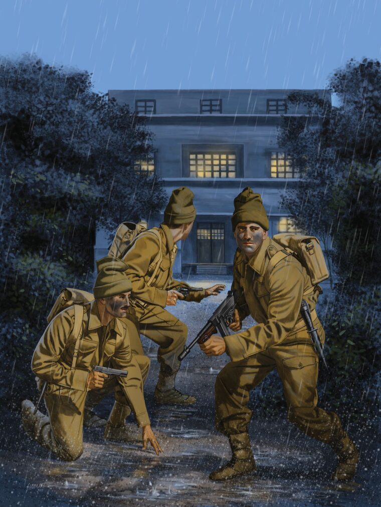 This modern illustration depicts British Commandos on the grounds of Rommel’s headquarters 
at Beda Littoria in Libya just as their doomed mission is getting underway.