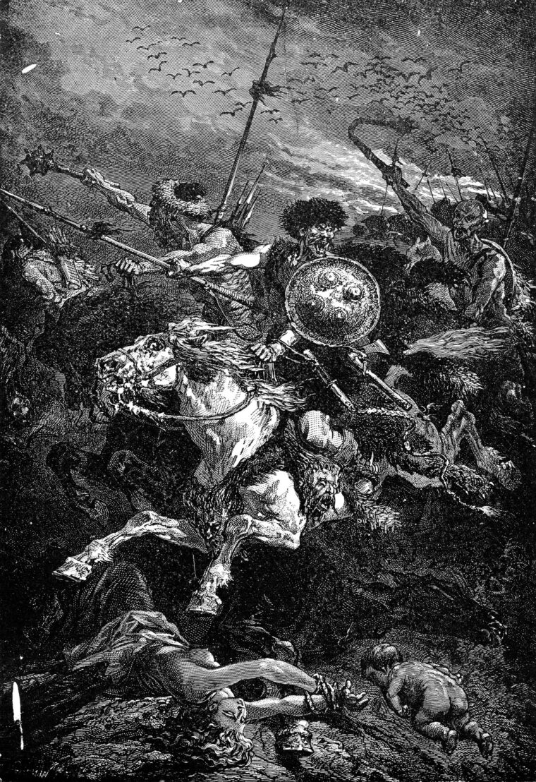 Attila’s fanatical cavalry charges the enemy in Alphonse de Neuville’s 19th-century illustration, The Huns at the Battle of Chalons.
