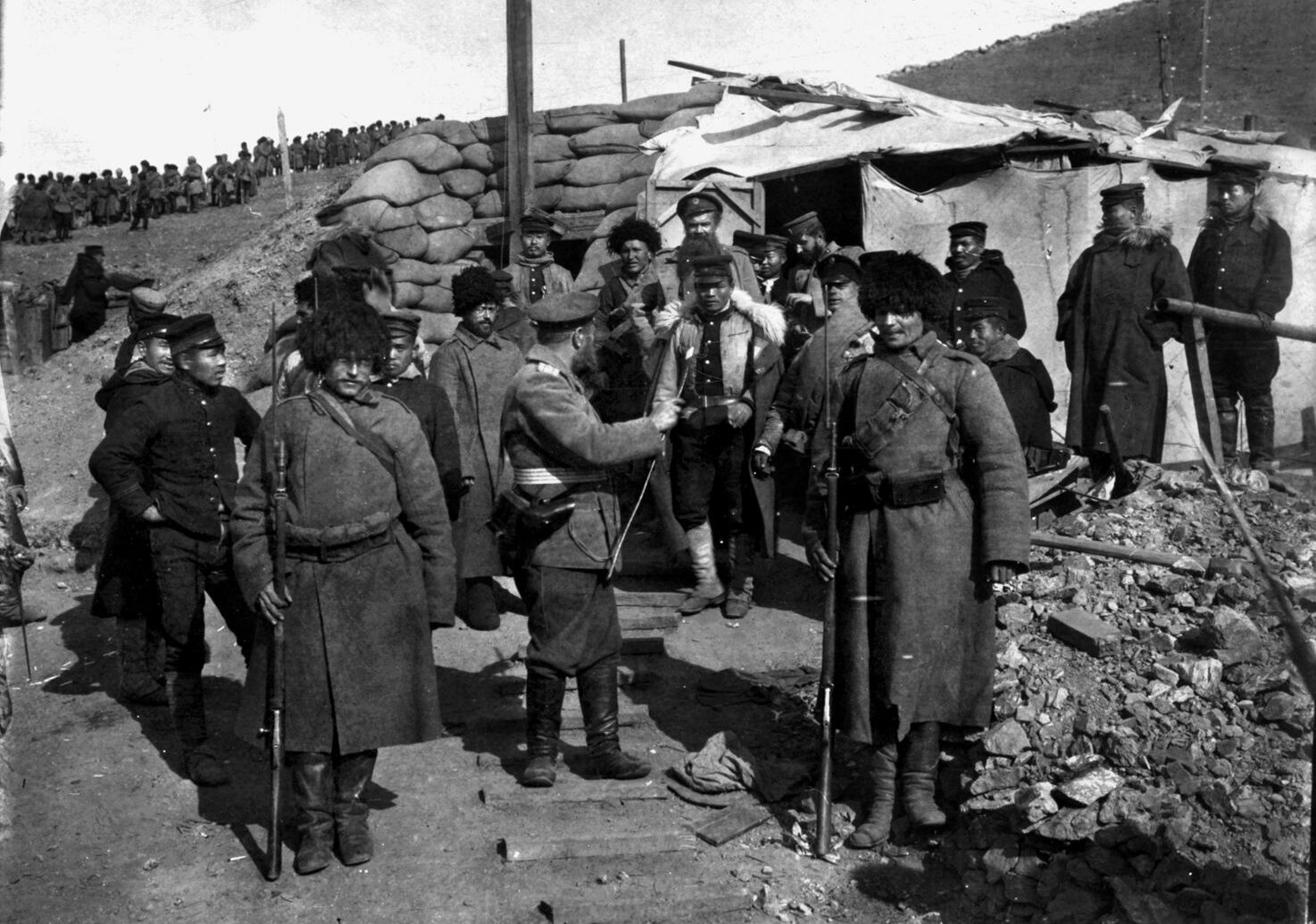 Japanese sentries relieve their Russian counterparts following the formal Russian surrender of Port Arthur on January 1, 1905. The victors sustained at least 60,000 casualties during the brutal five-month siege.