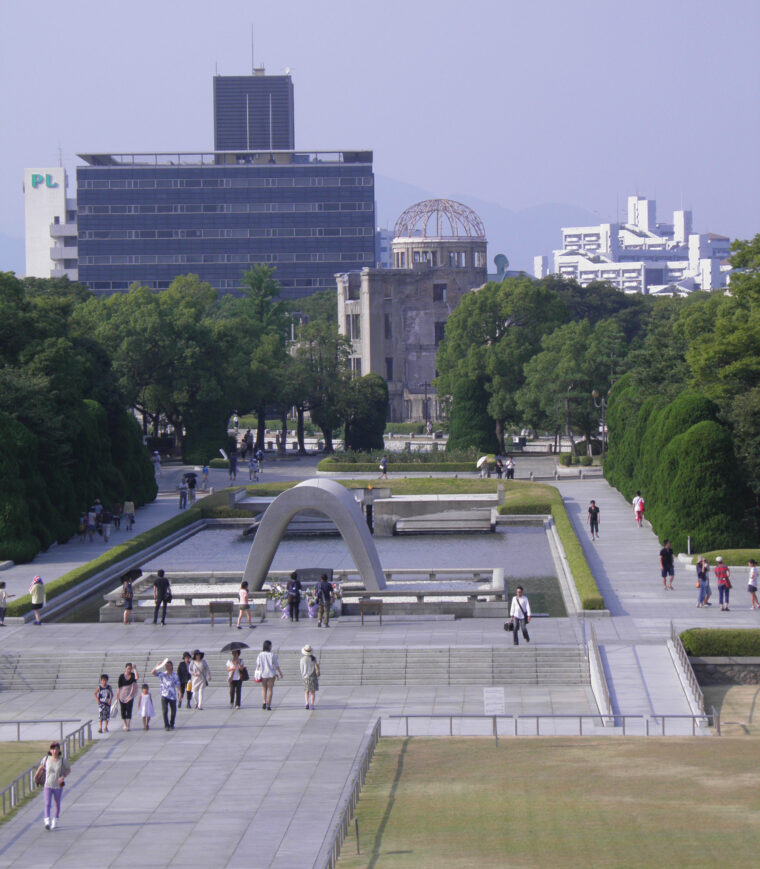 A view of the Hiroshima Peace Memorial Park, with the Genbaku, or “A-Bomb Dome,” in the distance.