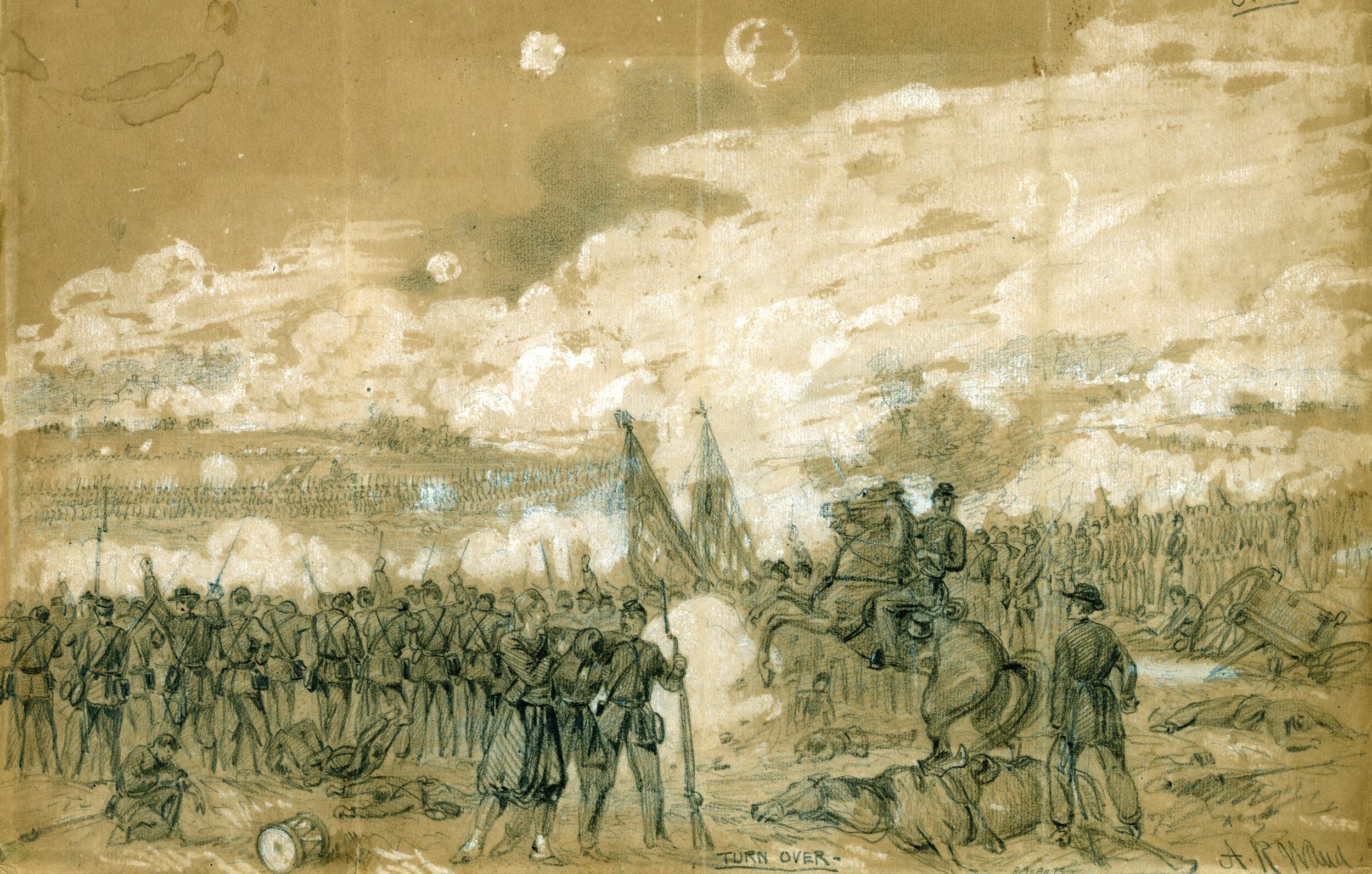 Brigadier General George Sykes’ crack U.S. regulars defend the Union right flank against a spirited attack by Maj. Gen. Daniel Harvey Hill’s division in a sketch by battlefield artist Alfred Waud. 