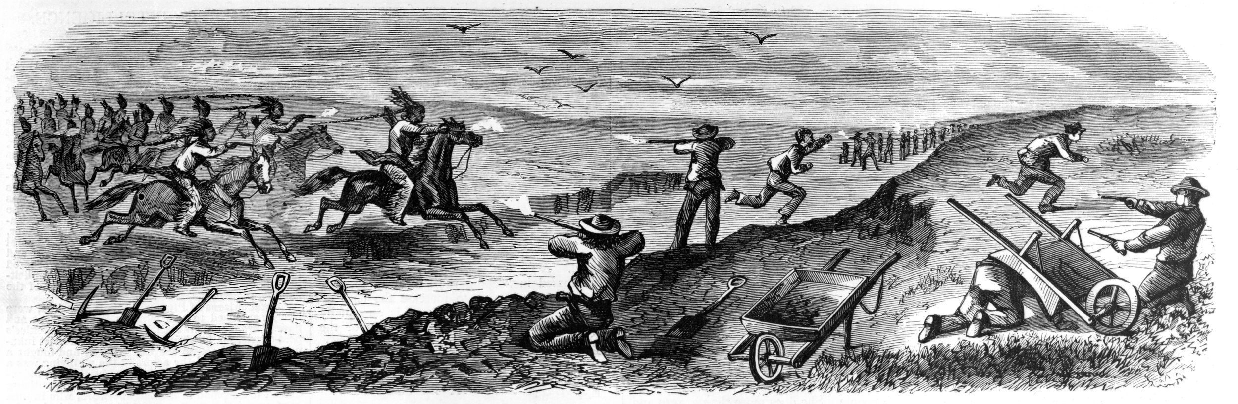 Cheyenne Indians attack outnumbered railroad workers on the western plains. Two new cavalry regiments were added in 1855 to combat the growing threat posed by 40,000 implacable warriors to white expansion.