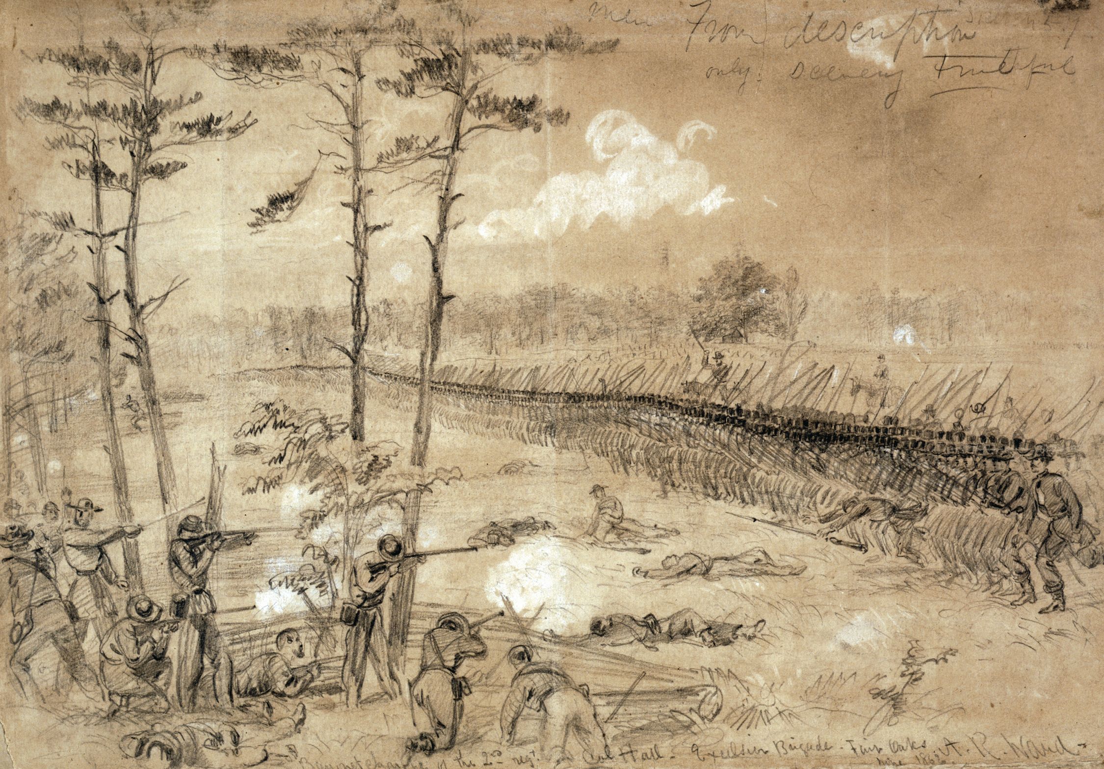 Bayonets bristling, the well-ordered 72nd and 74th New York Regiments of the Excelsior Brigade charge quick-firing Confederates on Sunday morning, June 1, 1862.