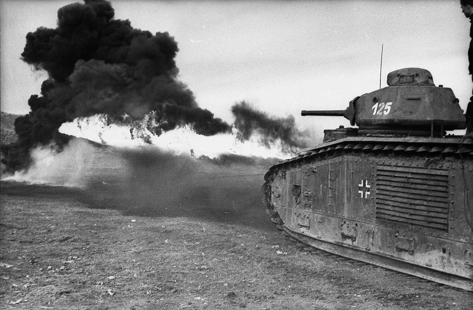 During their successful campaign against France in the spring of 1940, the Germans captured large numbers of French tanks and pressed them into service with the Wehrmacht. Here, a French-made Char B1, converted to a flammpanzer or flamethrower tank, is seen in action in southern Ukraine.