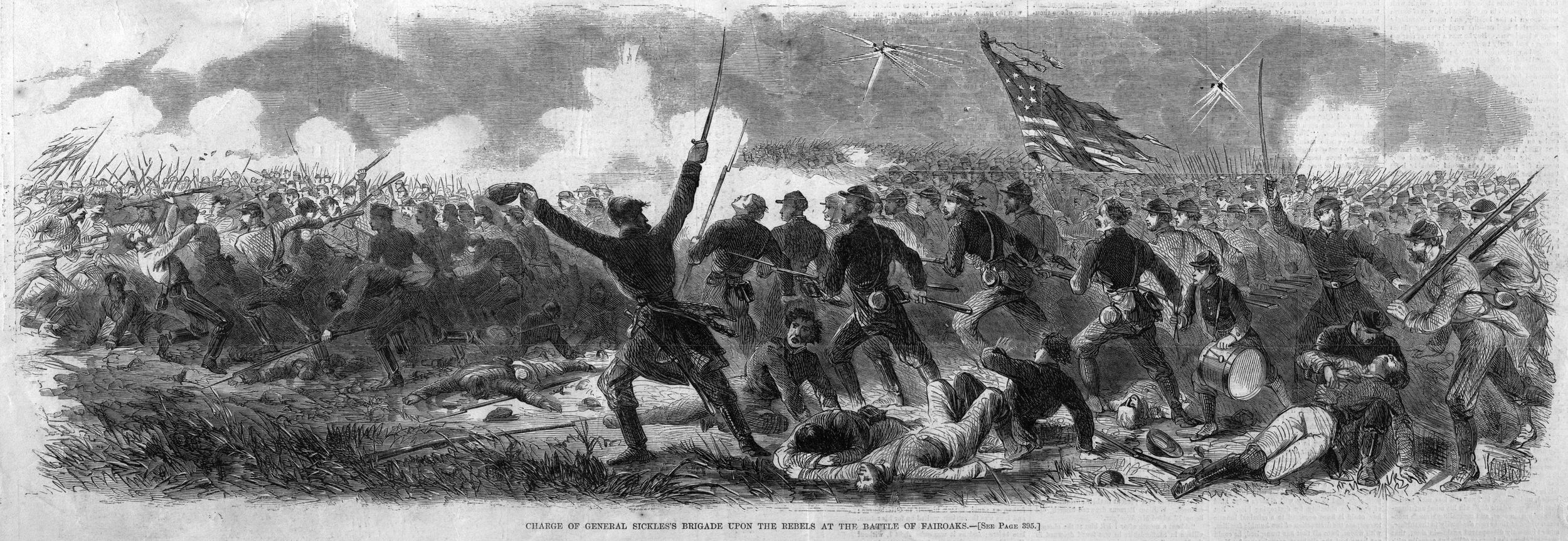 Brig. Gen. Daniel Sickles’ brigade charges into battle after crossing the Chickahominy River via the shaky Grapevine Bridge. The bridge collapsed and washed away shortly after the last man had crossed.