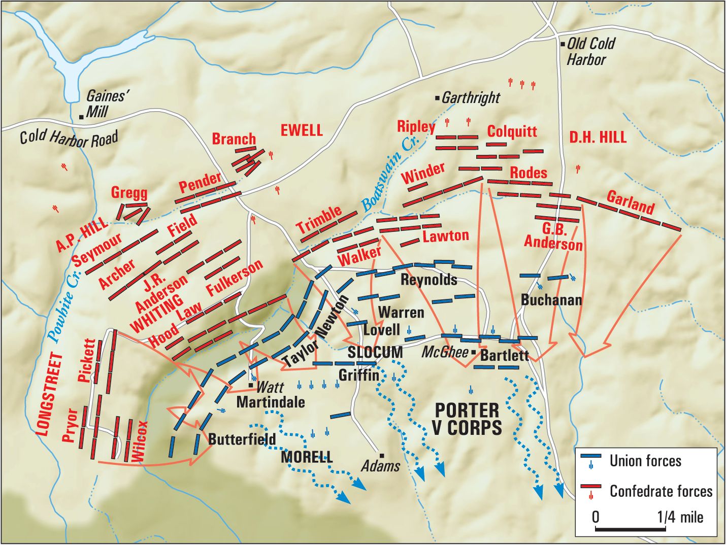 General Robert E. Lee ordered his entire line forward at the end of the day, dislodging the entrenched Union forces.