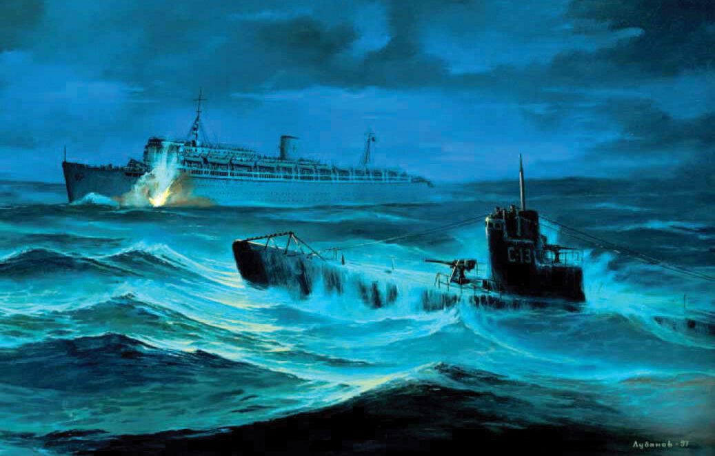 This artist’s rendering depicts the attack on the Wilhelm Gustloff by the Soviet submarine S-13  on the night of January 30, 1945. Loaded with refugees and wounded German soldiers,  the ship was torpedoed and went to the bottom of the Baltic Sea.