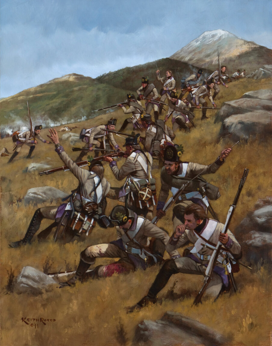 The French division of General Amédée Laharpe rolls over the Austrian position at Mount Pra during the Battle of Montenotte fought April 12, 1796. Montenotte, a minor affair, was a key first step in Bonaparte’s plan to separate the Austro-Sardinian army.