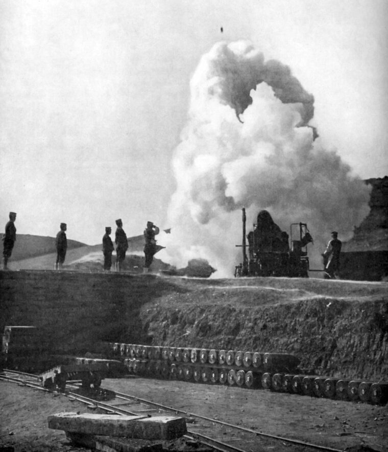 A 500-pound shell from a Japanese 11-inch siege howitzer can be seen at the top of the photo. The howitzers, nicknamed “Osaka babies,” could hurl shells some 5½ miles.