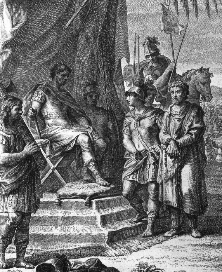 Now a bound captive after being betrayed by his father-in-law, Jugurtha glares at his captor, Roman commander Sulla.