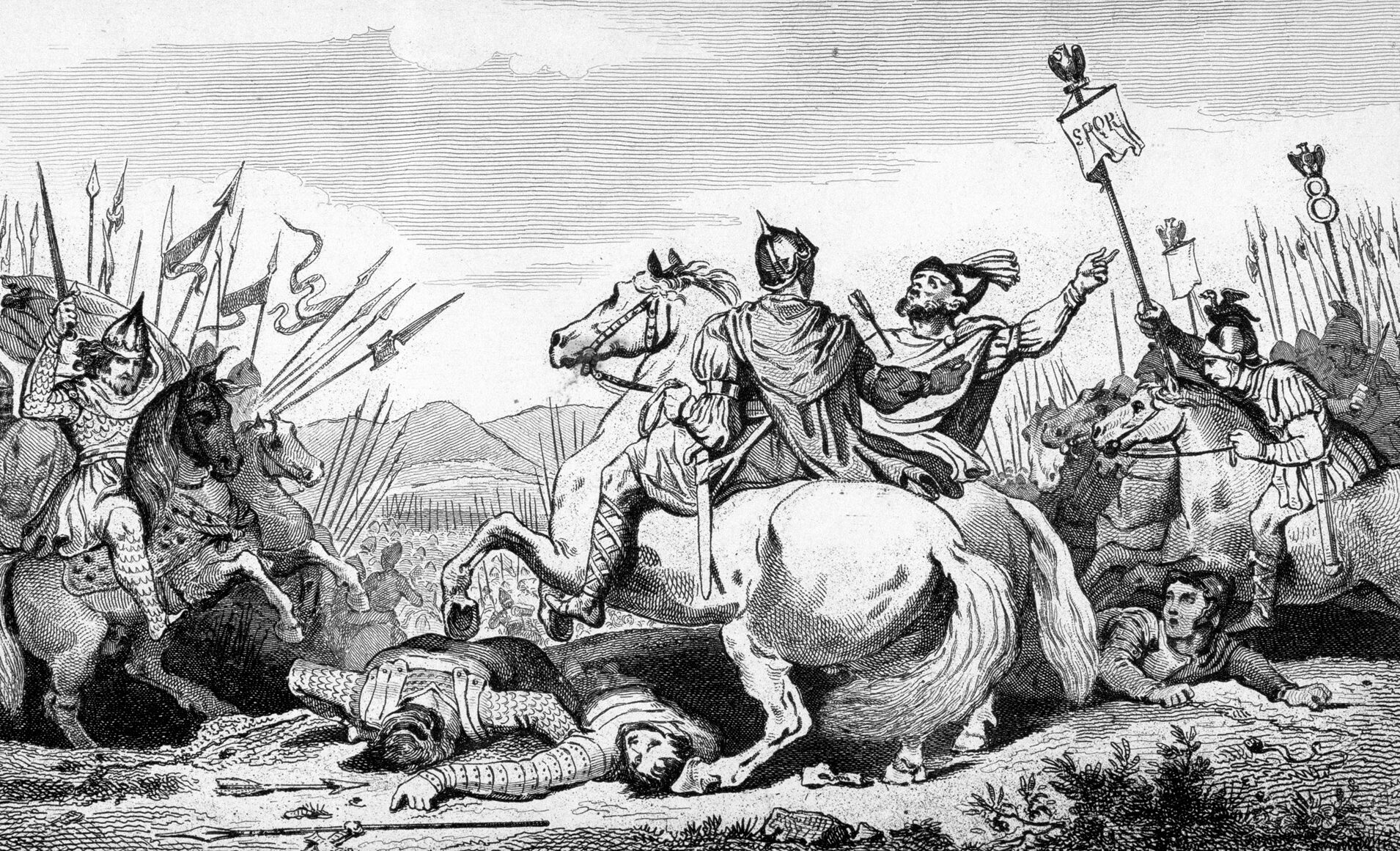 Visigoth King Theodoric is slain during the height of the battle. The moment of his death follows an attack on his flank during which he was rallying his troops to withstand the assault.