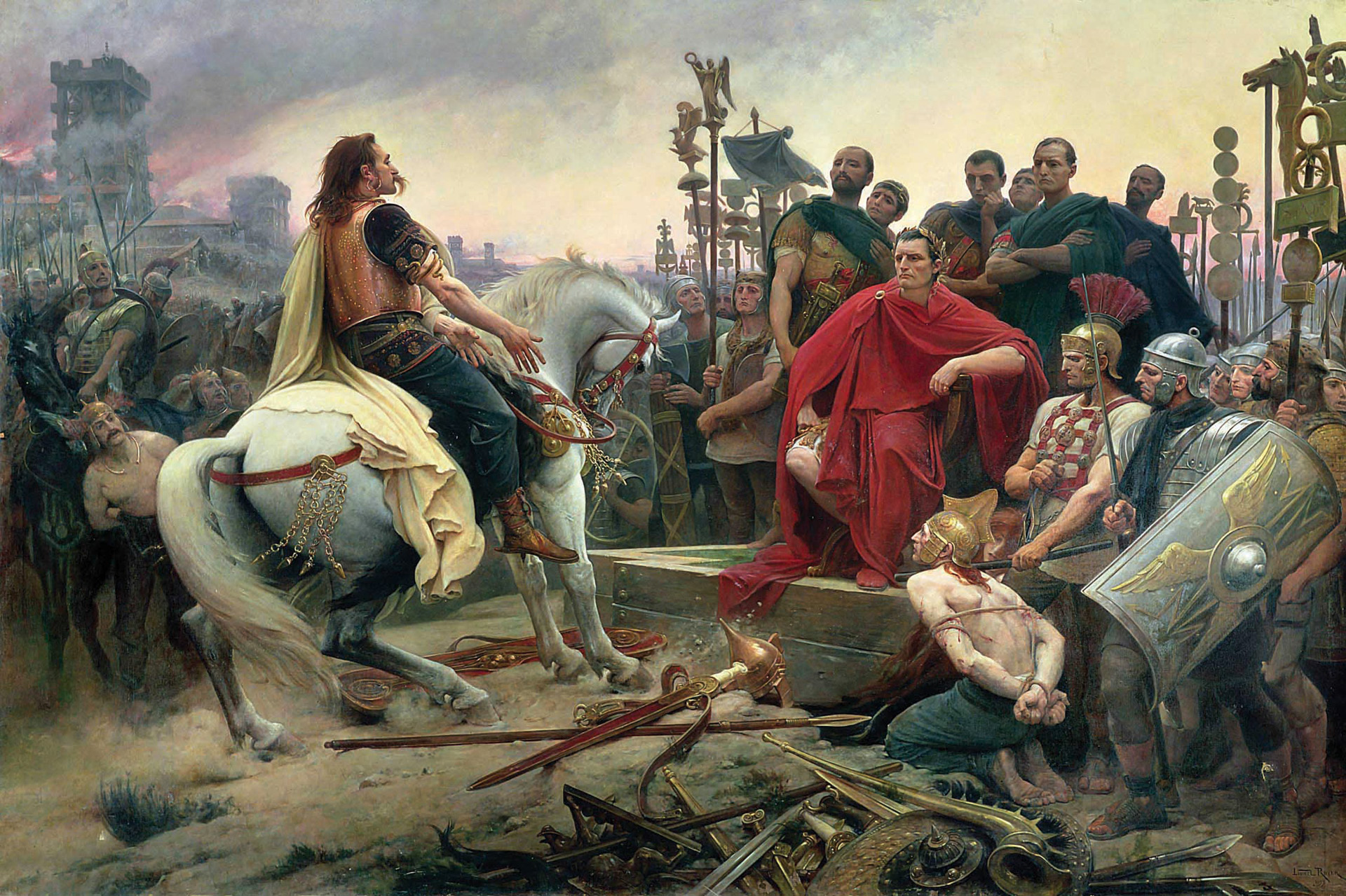 Vercingetorix is depicted as a gallant hero in a romantic painting by French painter Lionel-Noel Royer. The leader of the Gallic rebellion was held for five years in Rome so that he could be displayed in Caesar’s triumph.