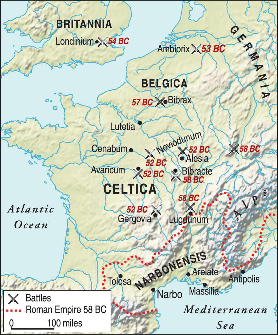 Caesar systematically conquered the tribes in the Gallic borderlands before turning his attention to the interior. Just when Gaul seemed pacified, Vercingetorix led an uprising that led to many desperate battles and culminated in the epic siege at Alesia.