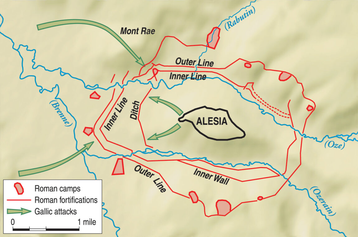 The map shows the path of Gallic attacks against the inner and outer lines at Alesia. The relief army determined that its best opportunity to breach the lines was where the Romans had left a gap in their defenses at the base of Mont Rae.