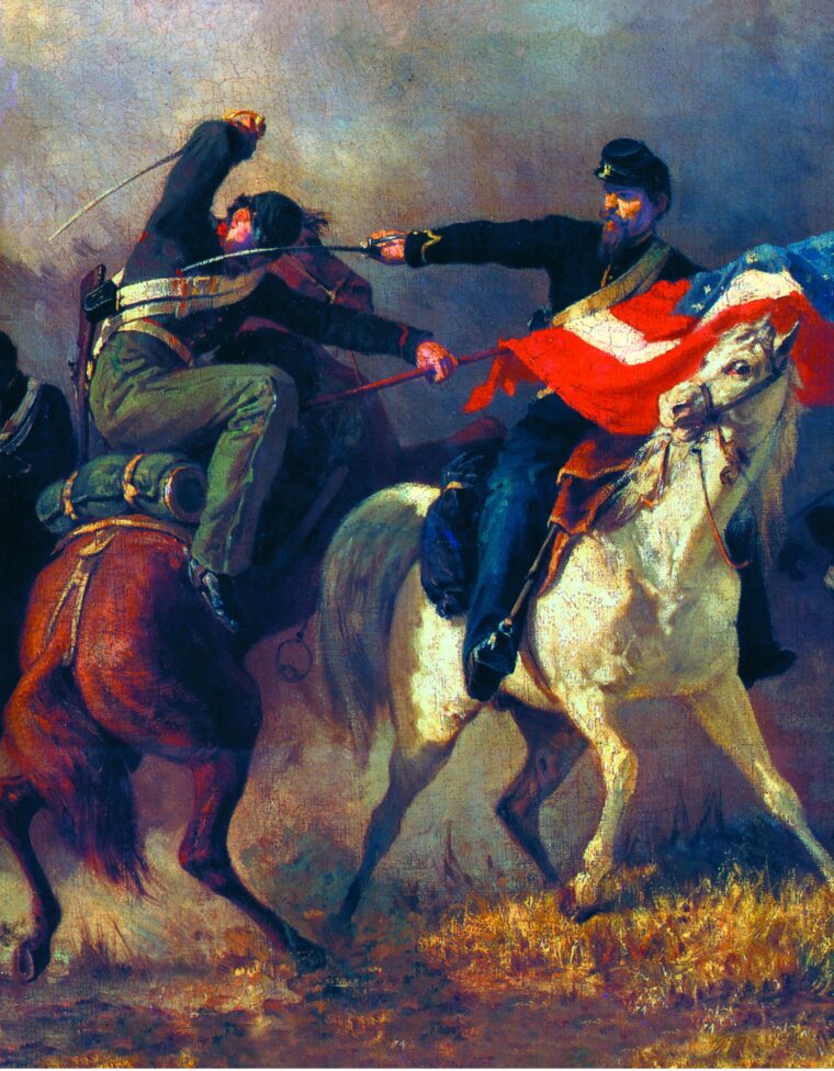 Saber-wielding Civil War cavalrymen duel to the death over control of a flag. A few years earlier such troopers were fighting together against Native Americans out west.