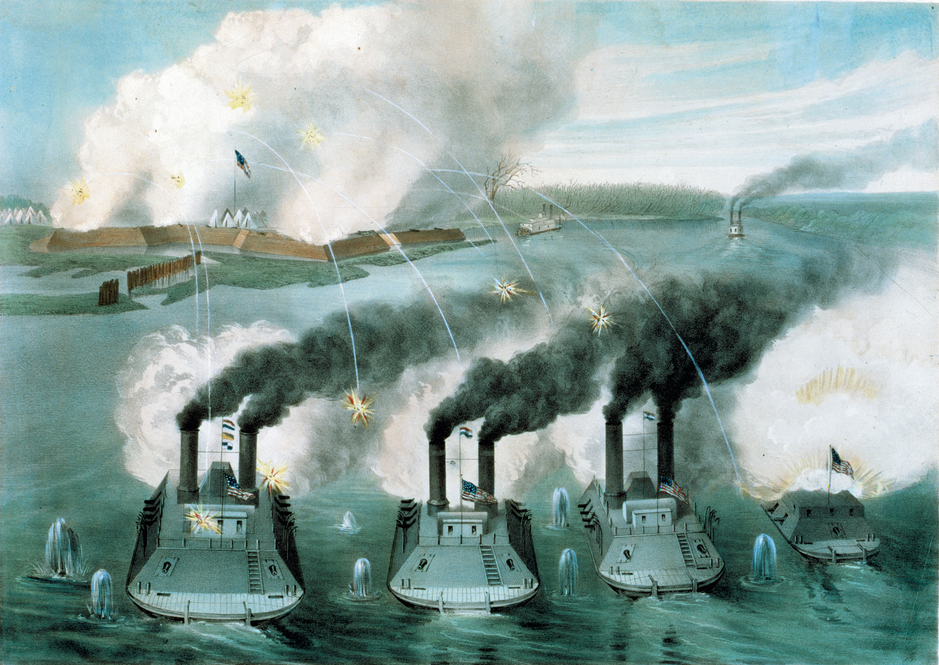 Union gunboats bombard Fort Henry on the Tennessee River. They are, from left to right, the St. Louis, Carondelet, Cincinnati, and Essex. Two Confederate boats flee south, up the river. The Union bombardment, unassisted by a land assault, was successful. Although the artist has shown otherwise, the three largest gunboats were exactly the same size. 