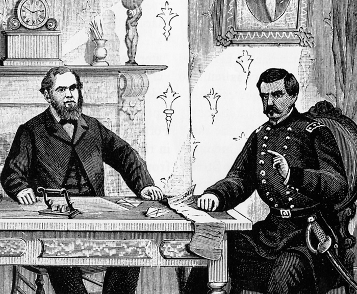 General George McClellan and Allan Pinkerton are depicted in McClellan’s Cincinnati headquarters planning a spying mission to the South in 1861.