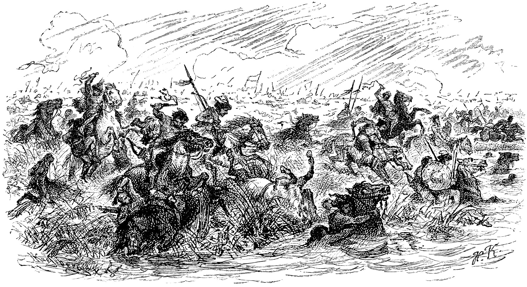 Marauding Magyar warriors cross the Lech River near Augsburg, Germany, on August 10, 955. The Magyars long had made a habit of raiding helpless German settlements.