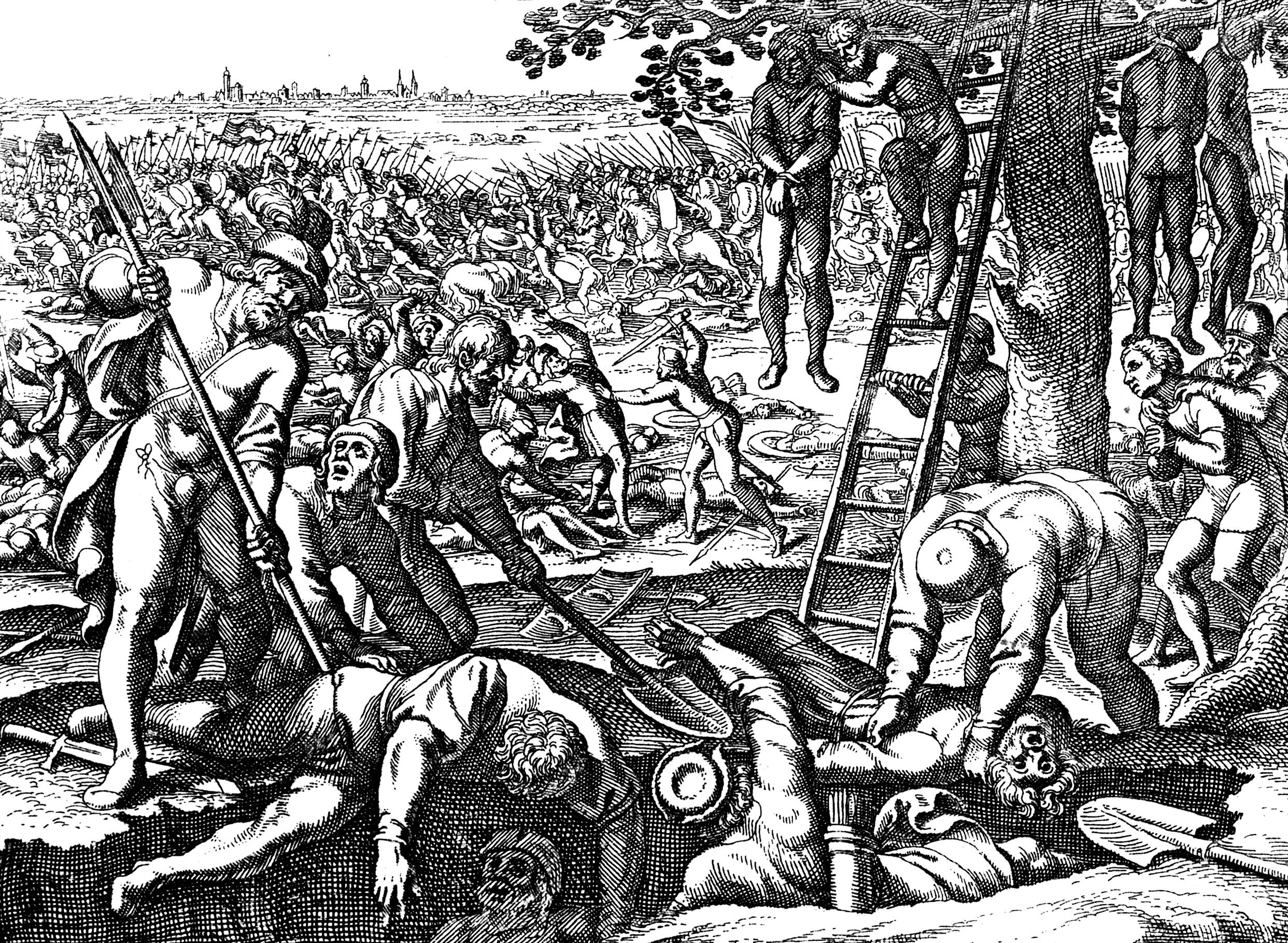 After the battle, German soldiers and civilians took brutal revenge on the beaten Magyars, as this 17th-century engraving graphically depicts. Few raiders escaped.