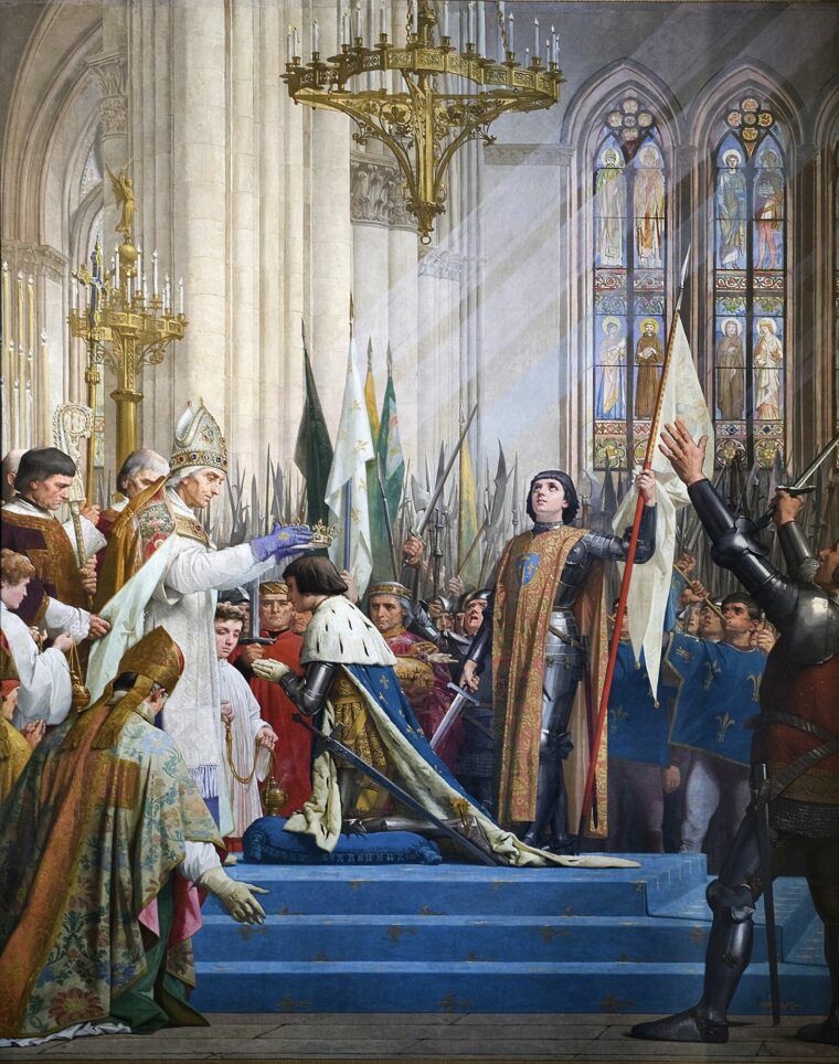 Still wearing her armor, Joan piously raises her eyes to heaven as Charles VII is crowned king of France at Reims on July 17, 1429. She would be burned at the stake two years later.