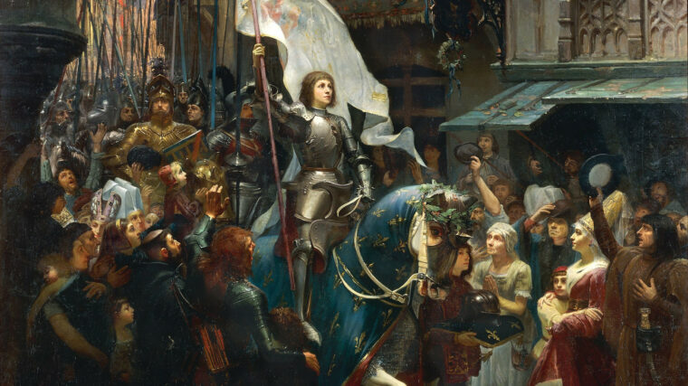 In her battle armor, Joan of Arc leads a rapturous army of French followers who believe her to be divinely inspired.