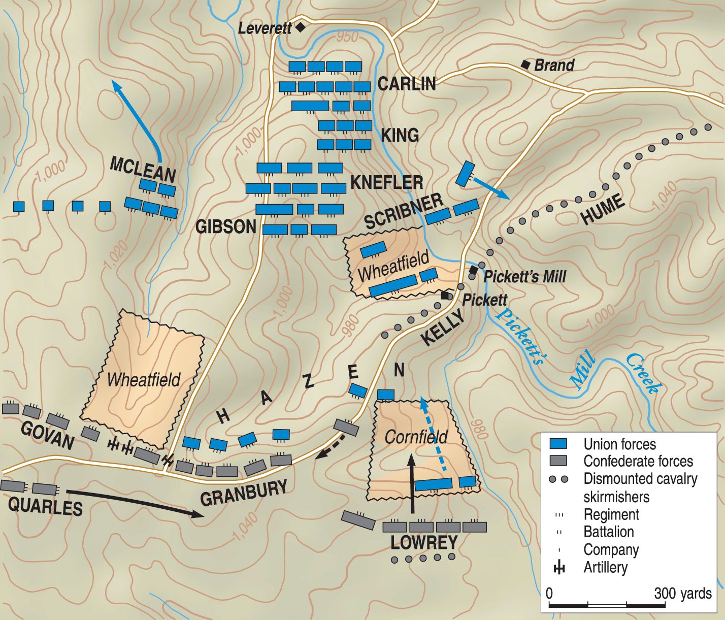 Union forces crossed Little Pumpkin Vine Creek to attack the Confederate works at Pickett’s Mill. The landscape was steep and wooded.