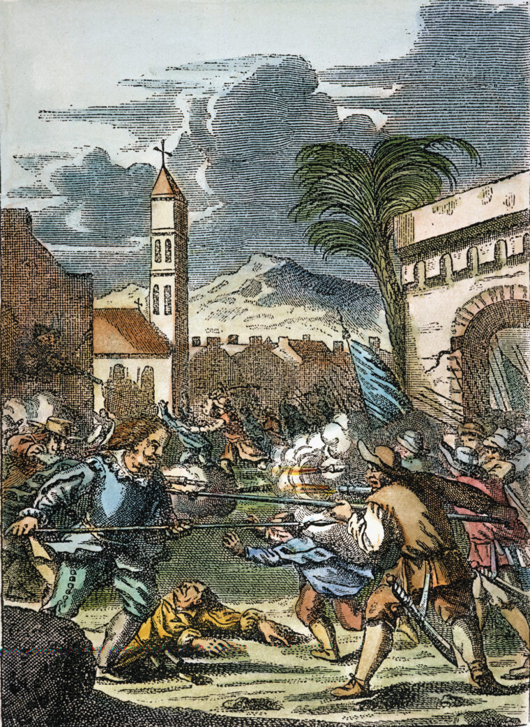 Sir Henry Morgan is shown leading his forces in the 1668 assault on the Spanish colony at Puerto Principe, Cuba. Morgan’s pirates prevailed in a four-hour battle with Spanish militia.