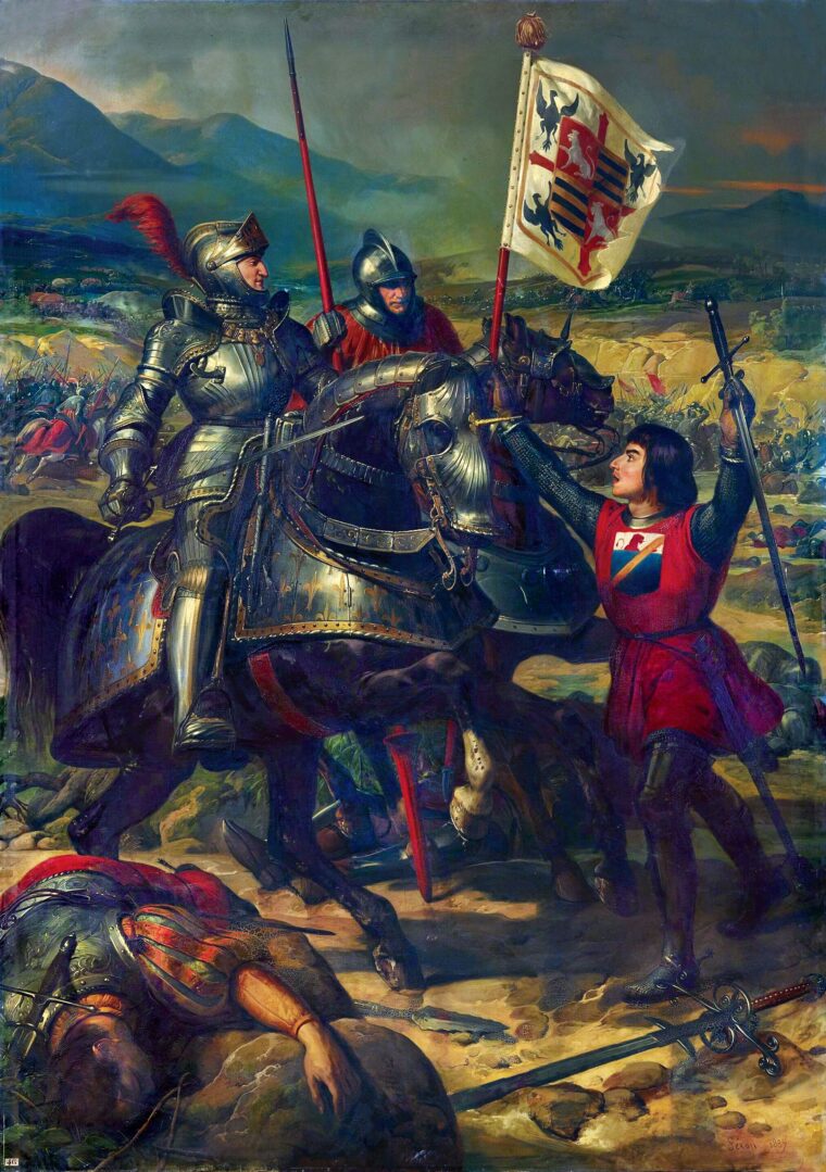 French man-at-arms Pierre Terrail presents King Charles VIII with an enemy standard he has captured during the Battle of Fornovo. Terrail, knighted after the battle, took the title of Chevalier de Bayard, and continued to serve in the French army until his death in battle in 1524. “Bataille de Fornoue, 6 juillet 1495,” oil on canvas by Éloi Firmin Féron, 1837.