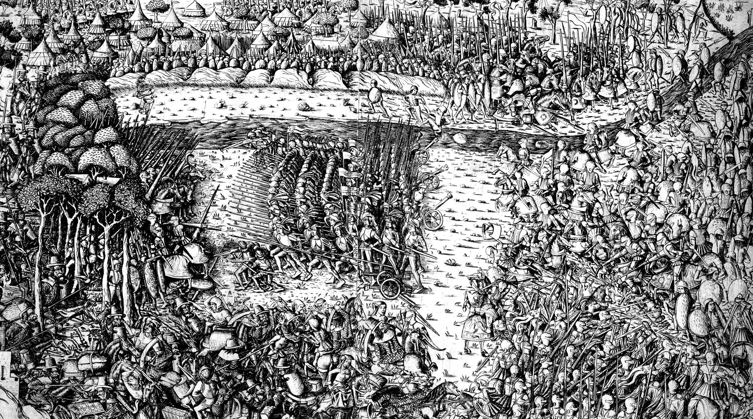 Engraved only a year after the battle, this much-detailed rendition by a German artist is thought to be based on Swiss eyewitness accounts and is considered remarkably accurate.  It shows the Swiss pikmen, right, facing Italian knights, while in the foreground the Swiss and Balkan stradiot skirmishers engage in fierce hand-to-hand combat.