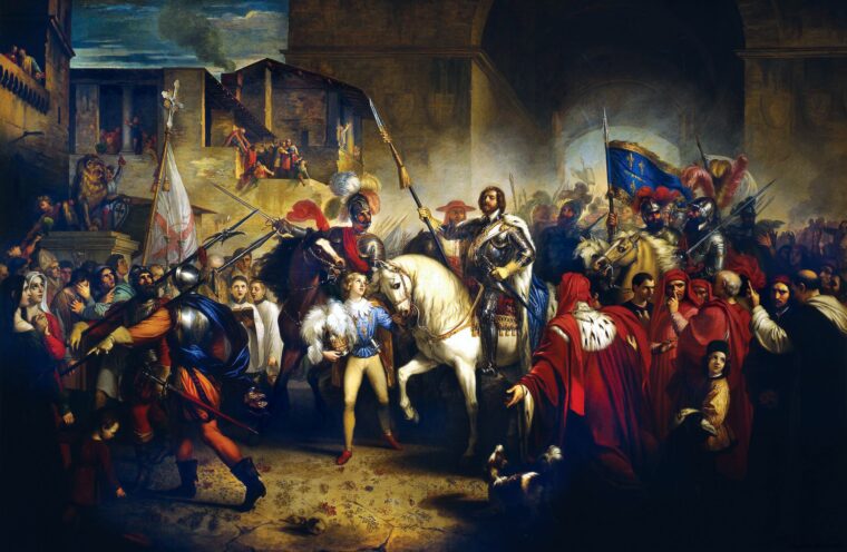 Led by Charles VIII, the French enter Florence, Italy. Charles invaded Italy in September 1494, using his powerful artillery to reduce fortifications where he met resistance. The Army arrived at Pisa in November, followed by Florence, before reaching Naples in February 1495.