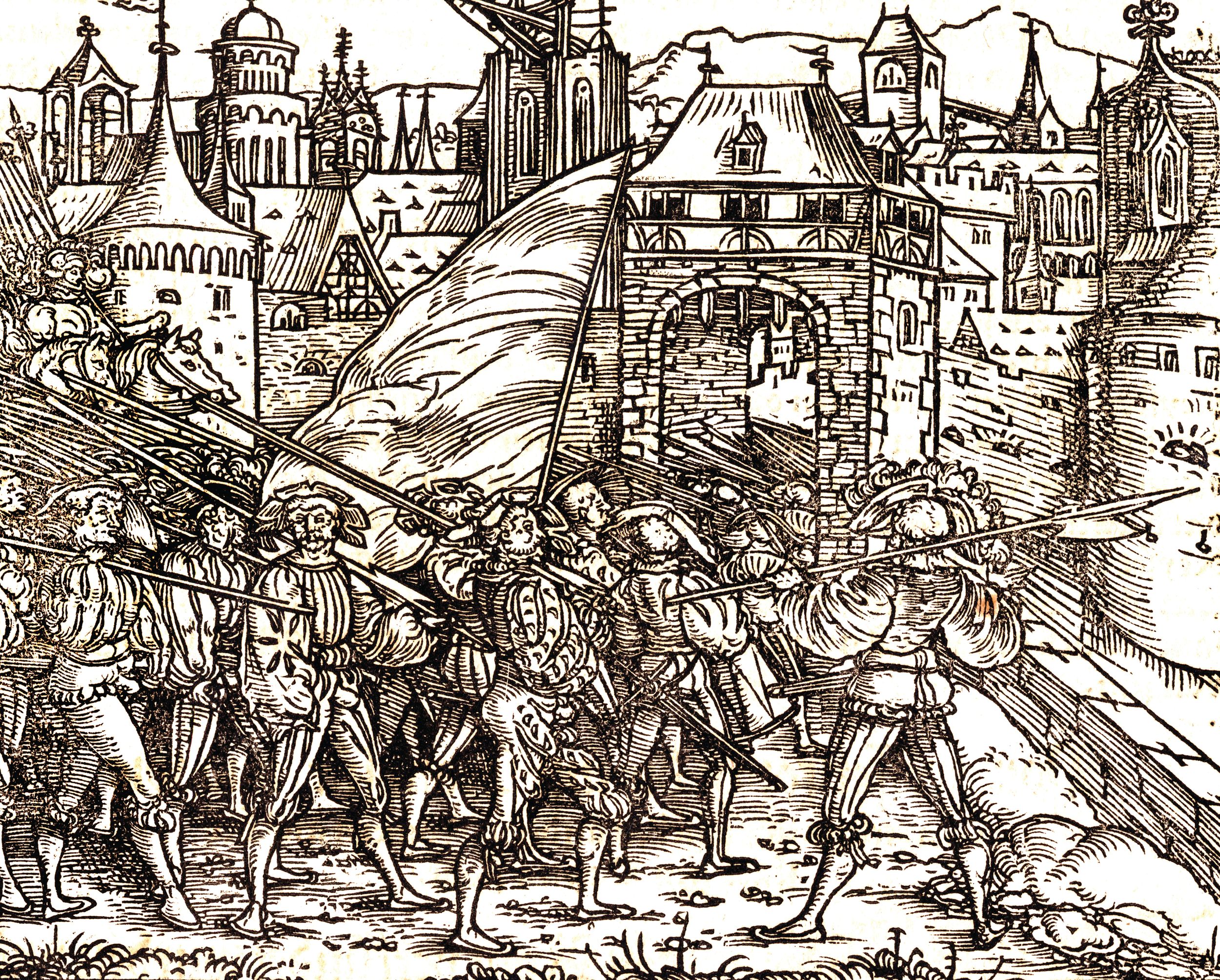 This woodcut from 1492 shows Swiss mercenaries entering a town. While negotiating the surrender of the Milanese town of Pontremoli, the Swiss accompaning Charles VIII army plundered the town, murdered all the men, and then burned it to the ground, destroying provisions needed by the French. 