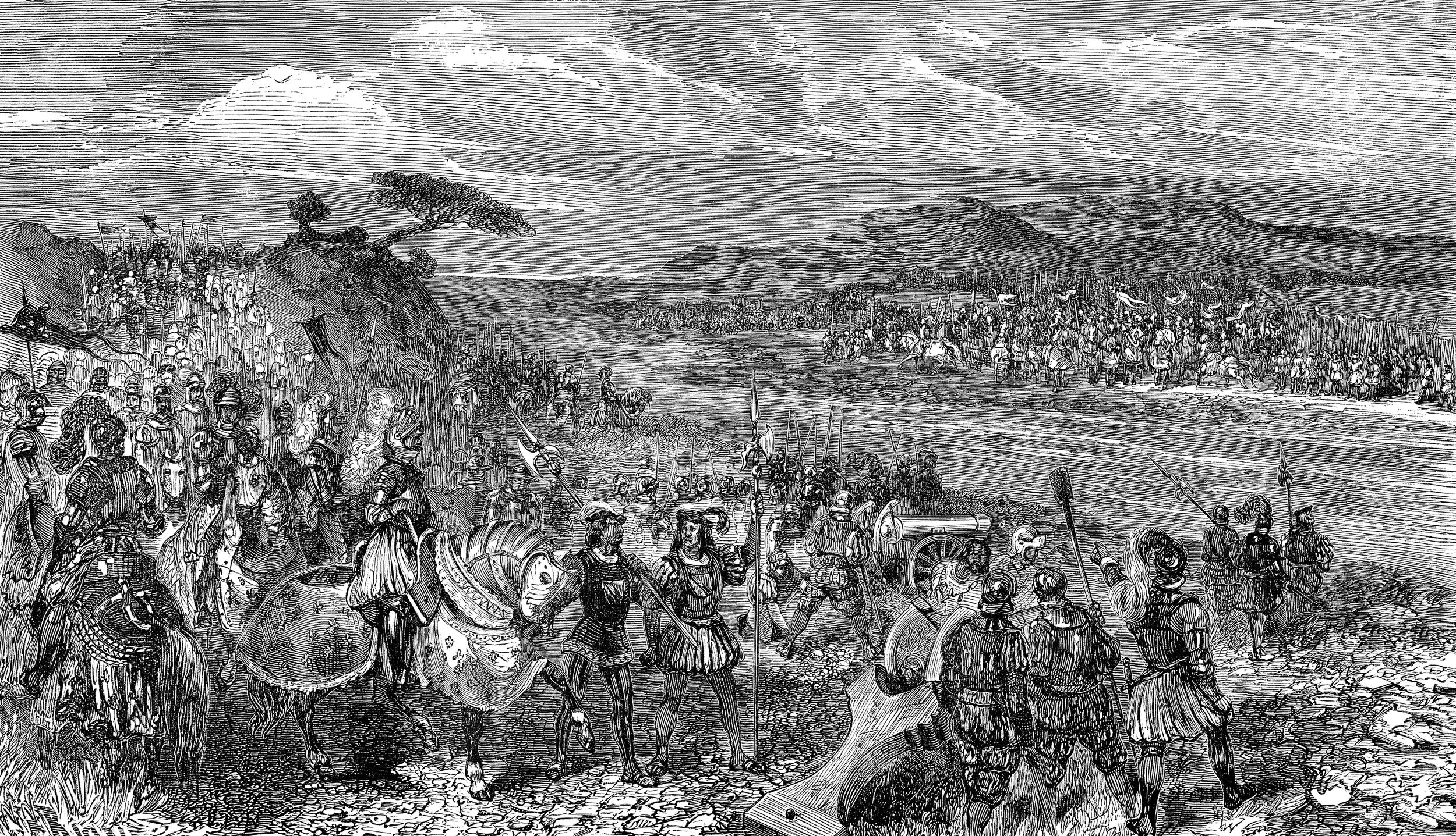 The French Army, estimated to include about 9,000 men, deploys for battle as they position their heavy cannon. Facing the French in the distance, Gonzaga prepares to send a force of some 2,300 cavalry, and 2,000 infantry to attack across the Toro River, swollen by rain the night before. 