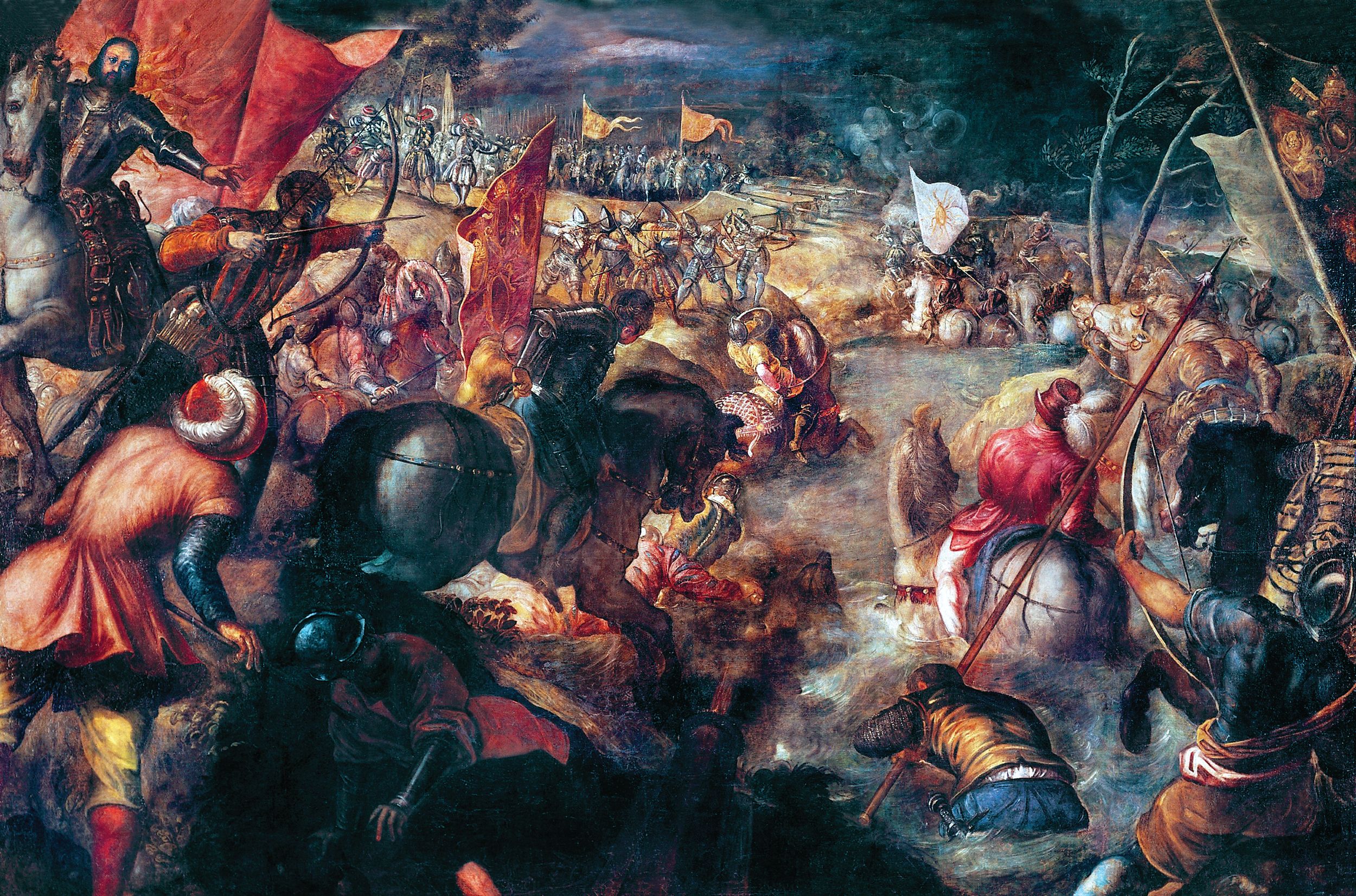 By the time Italian commander Giovanni Francesco Gonzaga (seen in the upper left corner) launched his main attack, the Toro River was rain swollen, and his mounted troops struggled to cross. In the distance, Italian knights struggle to ride up the muddy banks, while the French wait for them with cannon, archers, pikemen and knights.