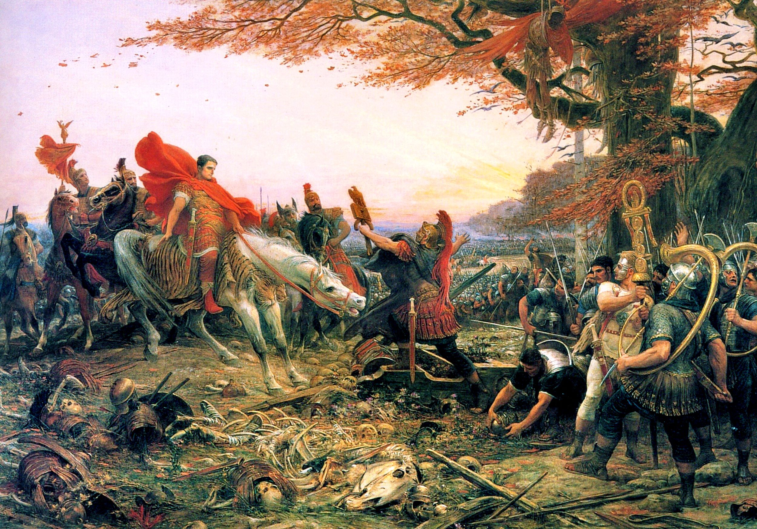 When he was sent north to quell the rebellion and defeat Arminius six years later, Germanicus Cæsar found heaps of whitened human and animal bones at the site of the Battle of Teutoburg Forest. The scene is depicted in “Germanicus after the Disaster of Varus,” an 1896 oil painting by French artist Lionel-Noël Royer.