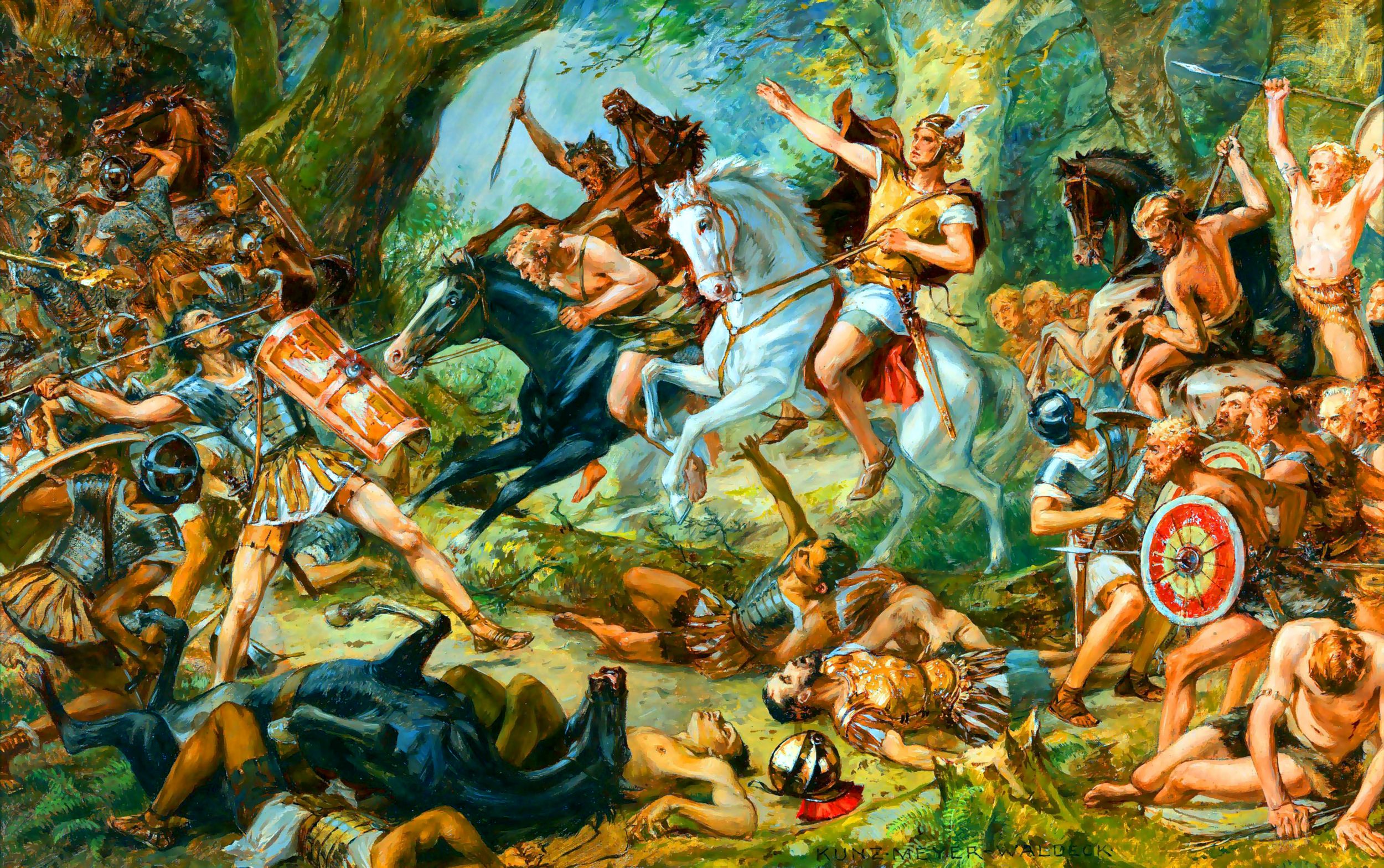 A highly romanticized illustration of Arminius, a Germanic chieftain and Roman citizen who lured three legions (20,000 men) into a trap in the Teutoburg Forest in 9 CE. 
The spears wielded by the Germans proved more effective weapons in the dense woods. 