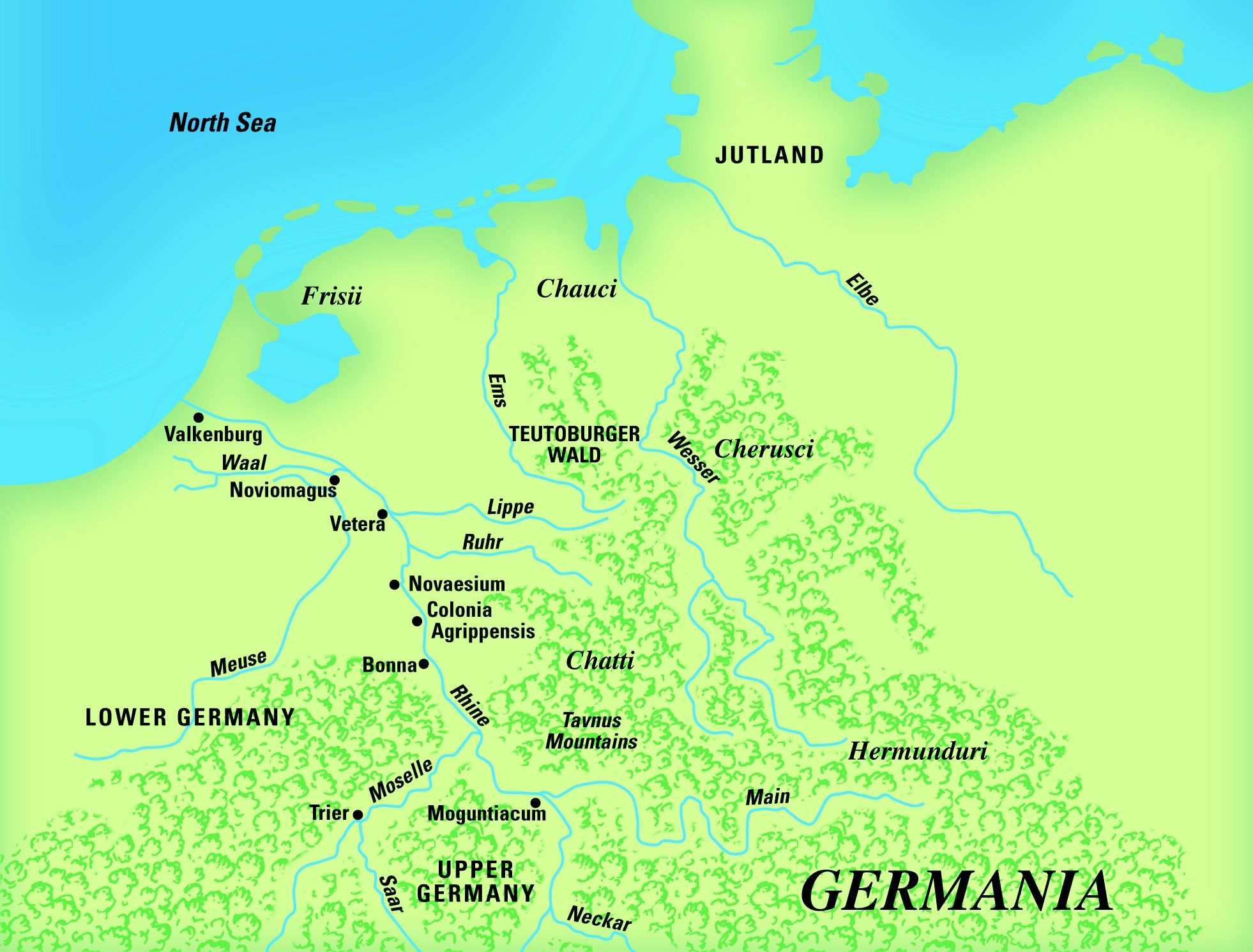 A map of Roman Germania, showing Teutoburger Wald—the forest where Arminius, both a tribal leader of the Germanic Cherusci and a Roman citizen, led Quinctilius Varus into an ambush and destroyed three legions of Roman centurions.