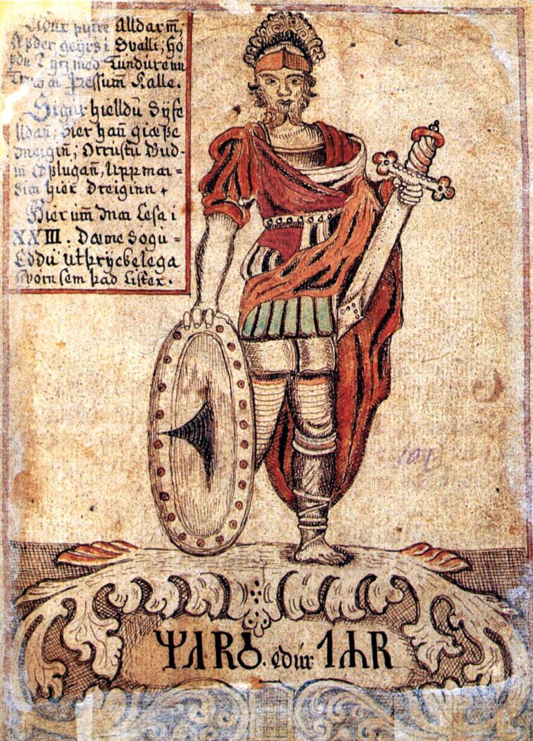 An Icelandic manuscript with the likeness of Tyr or Tiwaz, the god of war and justice in Norse mythology. A son of Odin, Tyr is often depicted with only a left hand, having lost his right to the wolf Fenrir.