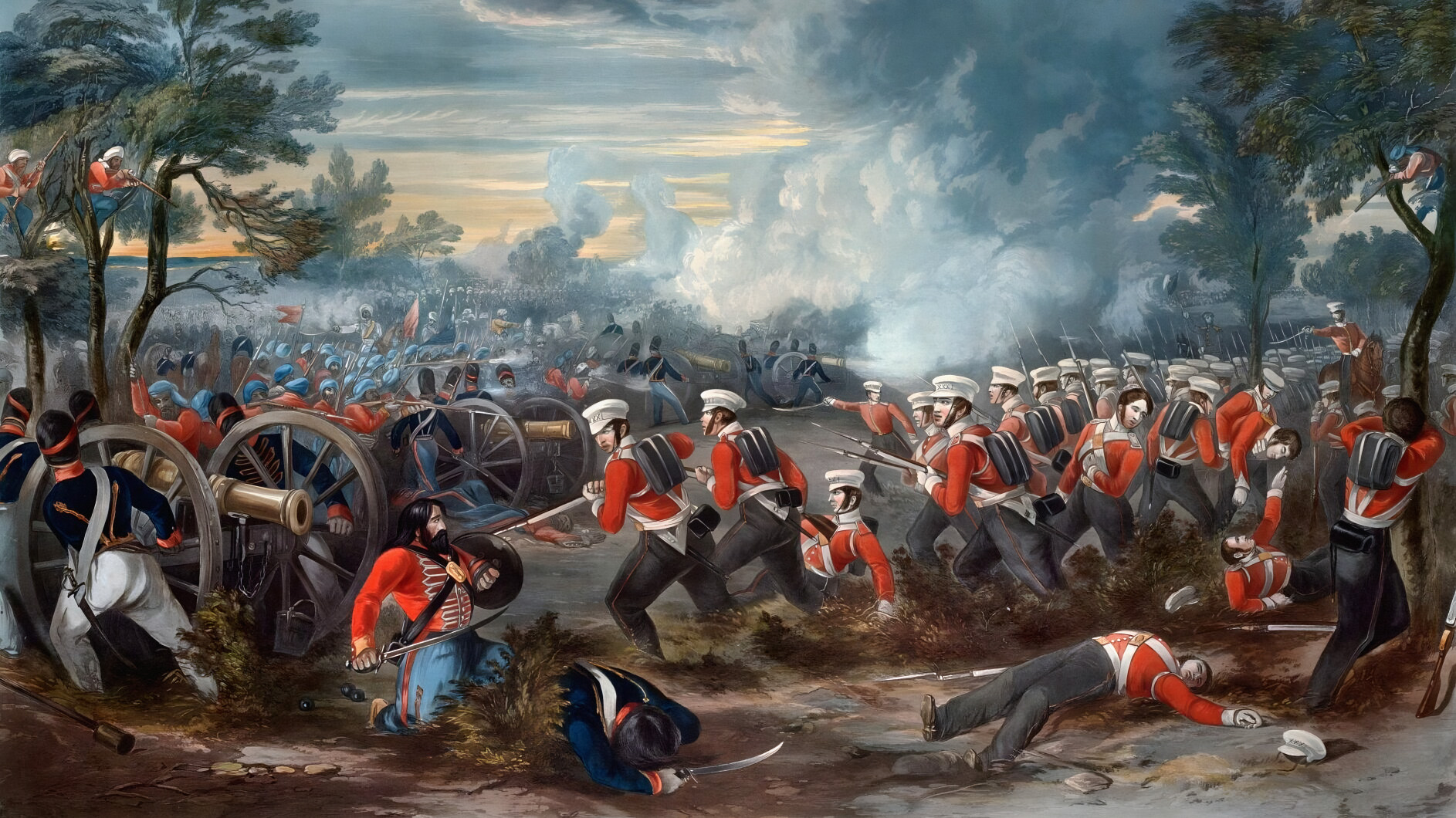 Bayonet-wielding troops in the British 31st Regiment of Foot overwhelm Sikh artillerists at Mukdi, the opening battle of the bloody First Sikh War between Great Britain and the Sikh empire.