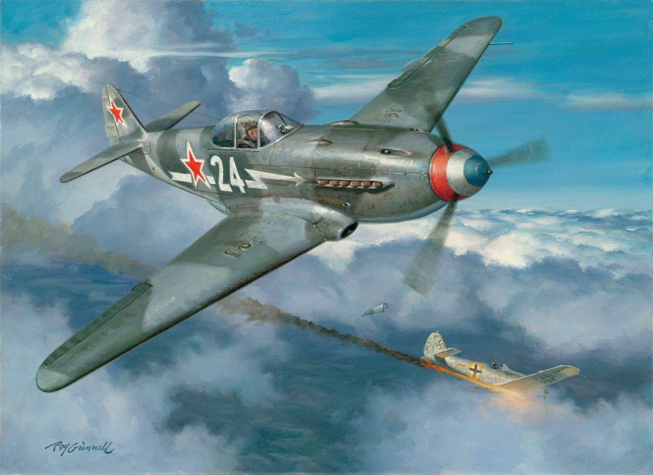 In Yak Attack, by artist Roy Grinnell, Roland de la Poype shoots down a German FW-190 over Russia on October 23, 1944. This was Poype’s 15th aerial victory, and the 182nd for the Normandie-Niemen Squadron.
