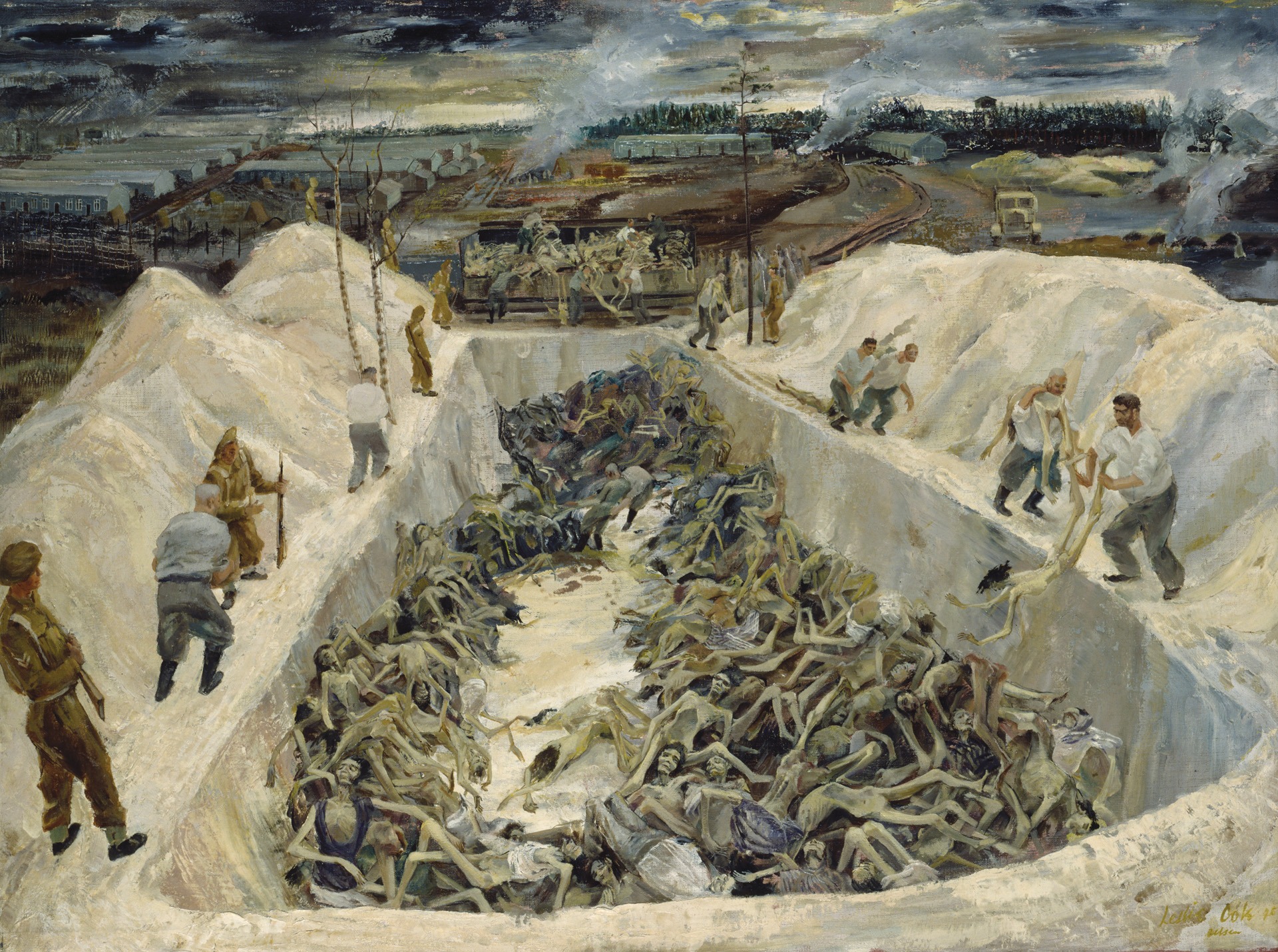 In this painting by British war artist Leslie Cole, Bergen-Belsen camp guards, under the watchful eyes of British soldiers, throw emaciated corpses into a mass grave. Part of the concentration camp can be seen in the background. OPPOSITE: This photo of the attractive Irma Grese is believed to have been taken in 1940, when she was 17 or 18.