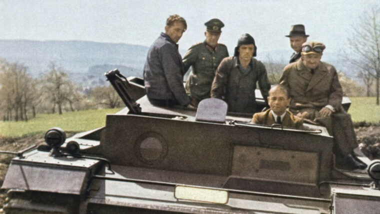 In this photo published in Signal magazine in August 1943, Albert Speer is shown at the wheel of a prototype tank.