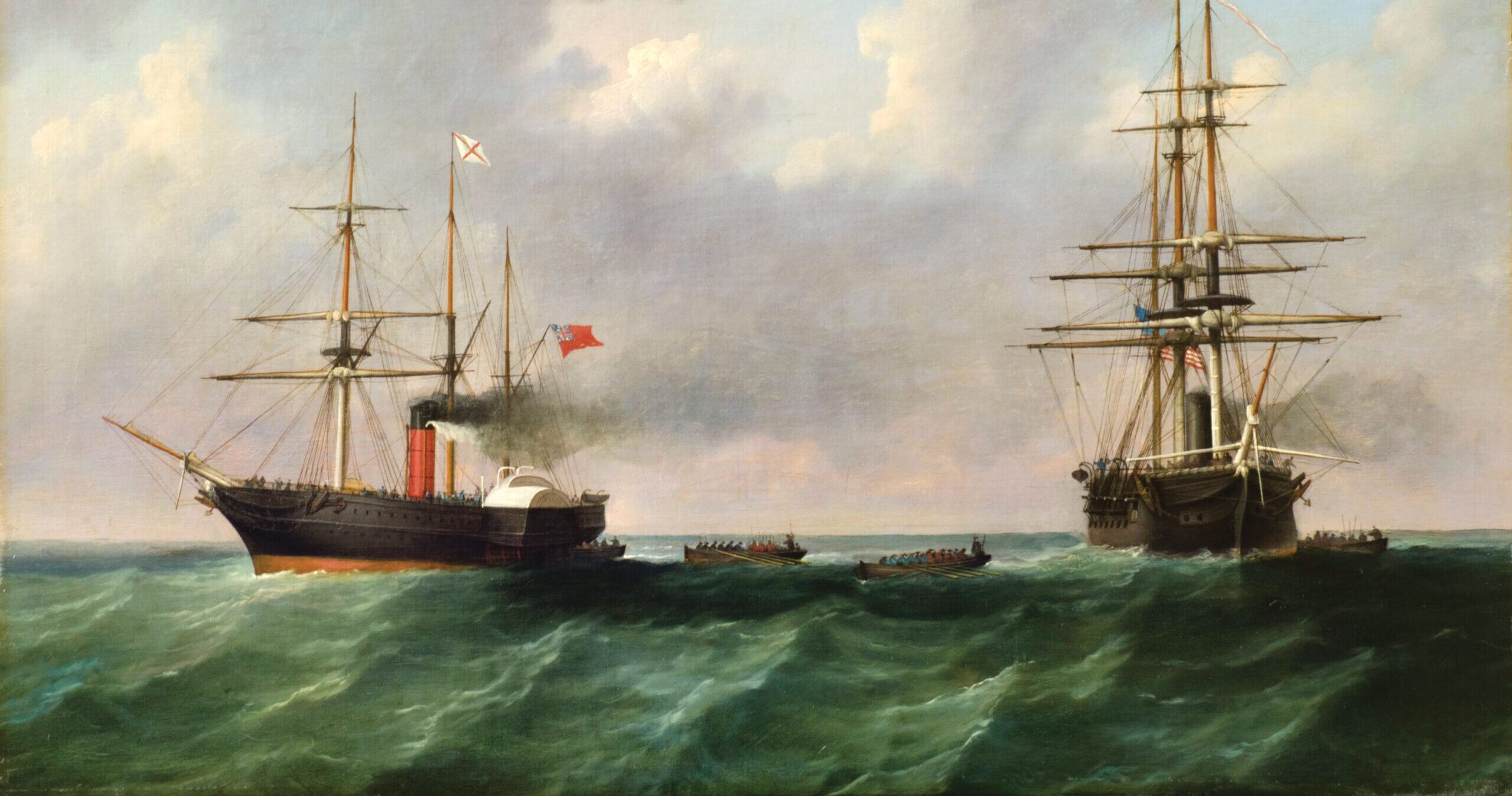 Initiating a major diplomatic flap, Union Navy Lieutenant D.M. Fairfax leads a two-boat boarding party from USS San Jacinto, right, toward the British mail steamer Trent on the afternoon of November 8, 1861.