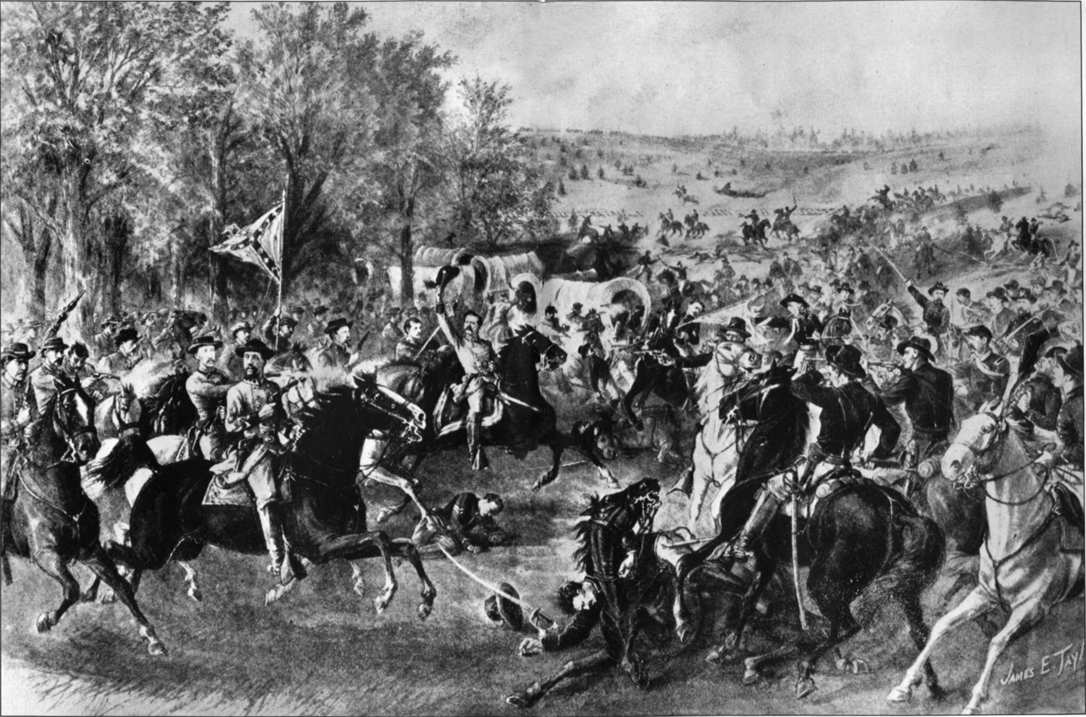 In this contemporary drawing by battlefield artist James E. Taylor, Confederate Generals William C. Wickham, left, and Thomas Rosser, center waving hat, attack Brig. Gen. George A. Custer’s Union cavalry brigade. Custer can be seen at center-right, reaching for his headquarters flag after his color-bearer is hit.