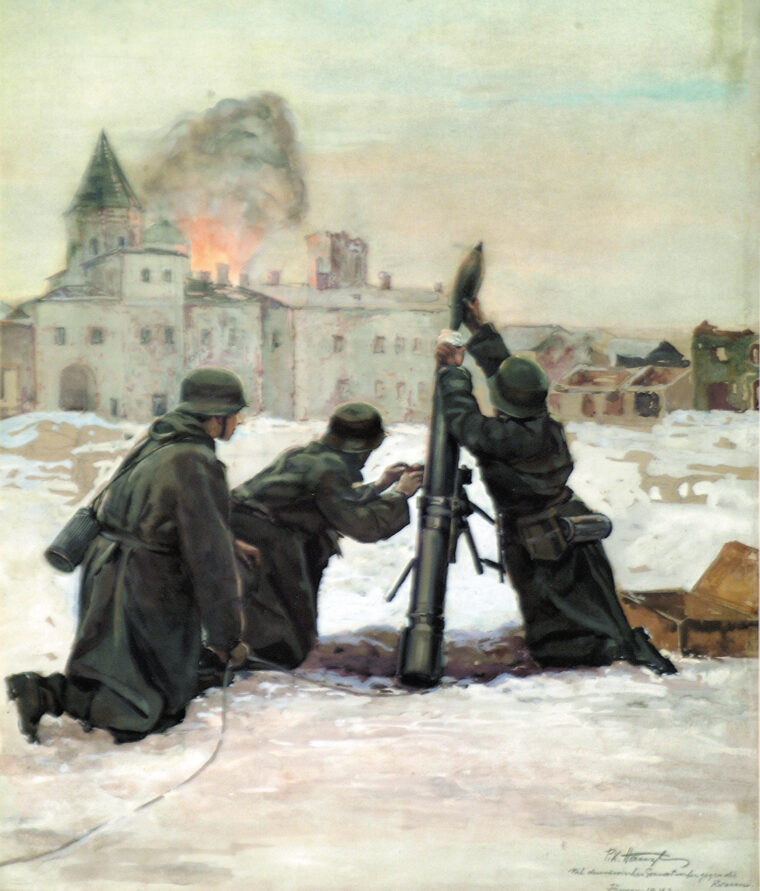 In this painting by German war artist R. Hanzl, a Spanish mortar crew, equipped and uniformed by the Germans, fires on a Russian town.